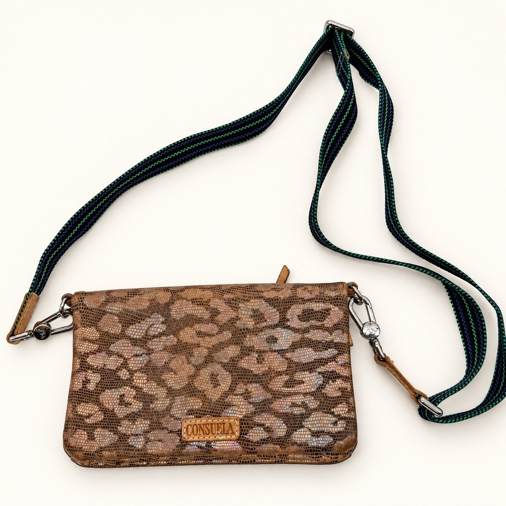 Consuela Iris Uptown Crossbody Wallet Bag Metallic Leopard Woven Strap Western